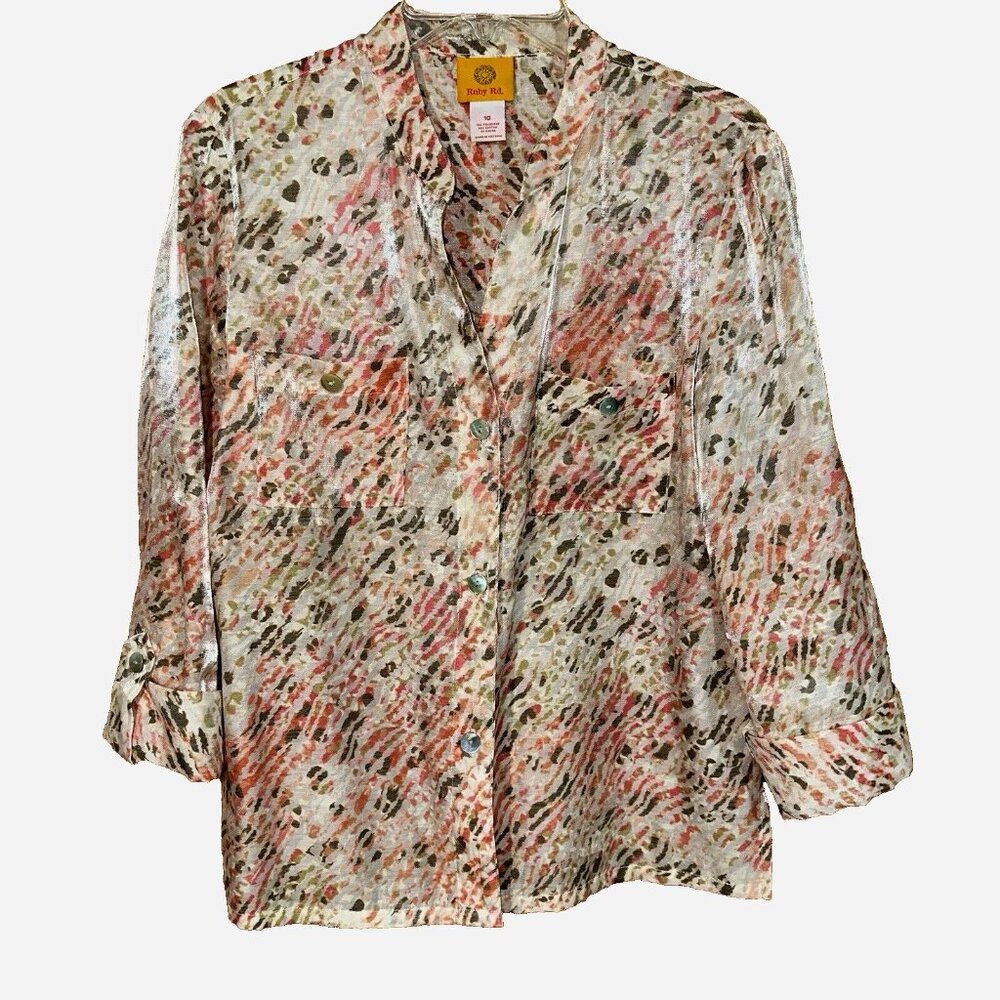 Ruby Rd Artsy Watercolor Semi-Sheer Button Up Top Sz 10 Boho Resort Quiet Luxury
